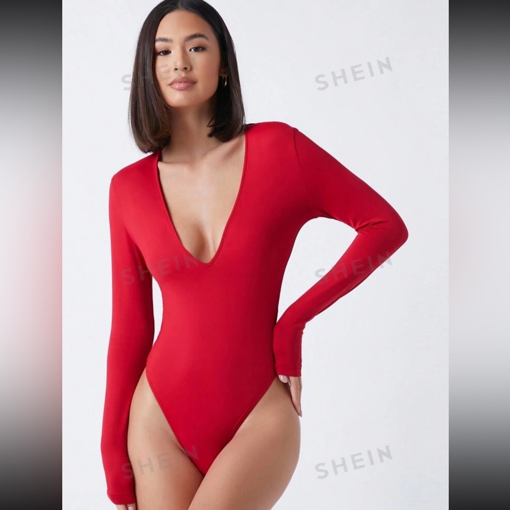 Long sleeve red v neck body suit